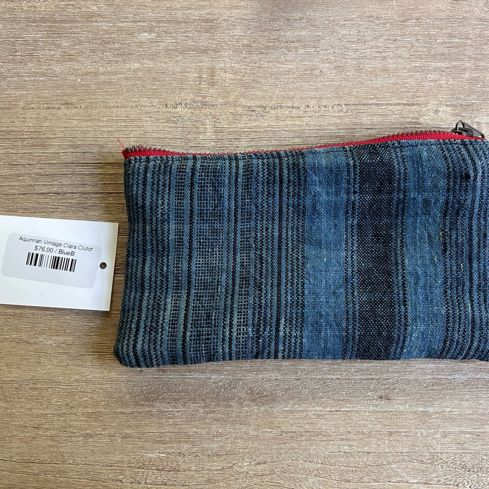 Vaalbara Blue Striped Leather Pouch with Red Zipper